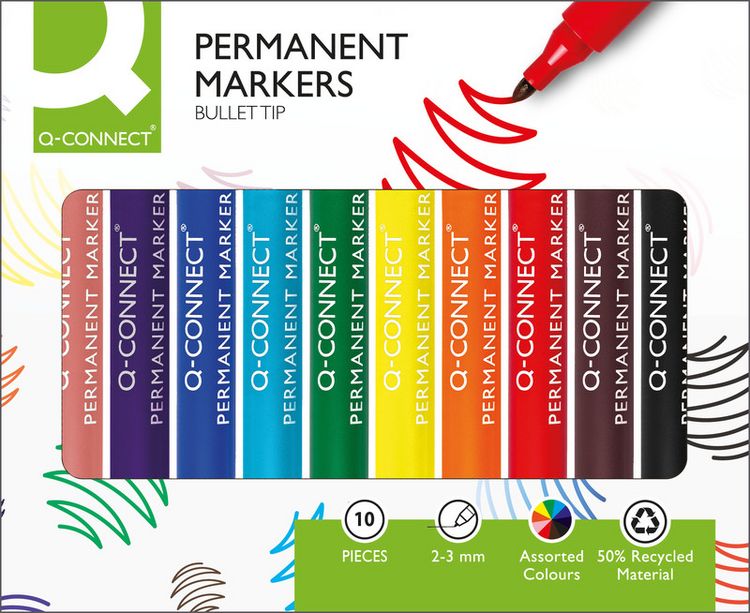 Produktbild: Q-CONNECT&reg; Permanent Marker mit Rundspitze, 10er Etui (schwarz, braun, rot, orange, gelb, gr&uuml;n, hellblau, blau,, violett, rosa)
