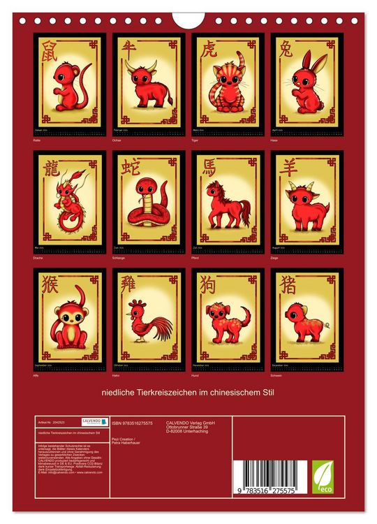 Produktbild: niedliche Tierkreiszeichen im chinesischem Stil (Wandkalender 2026 DIN A4 hoch), CALVENDO Monatskalender