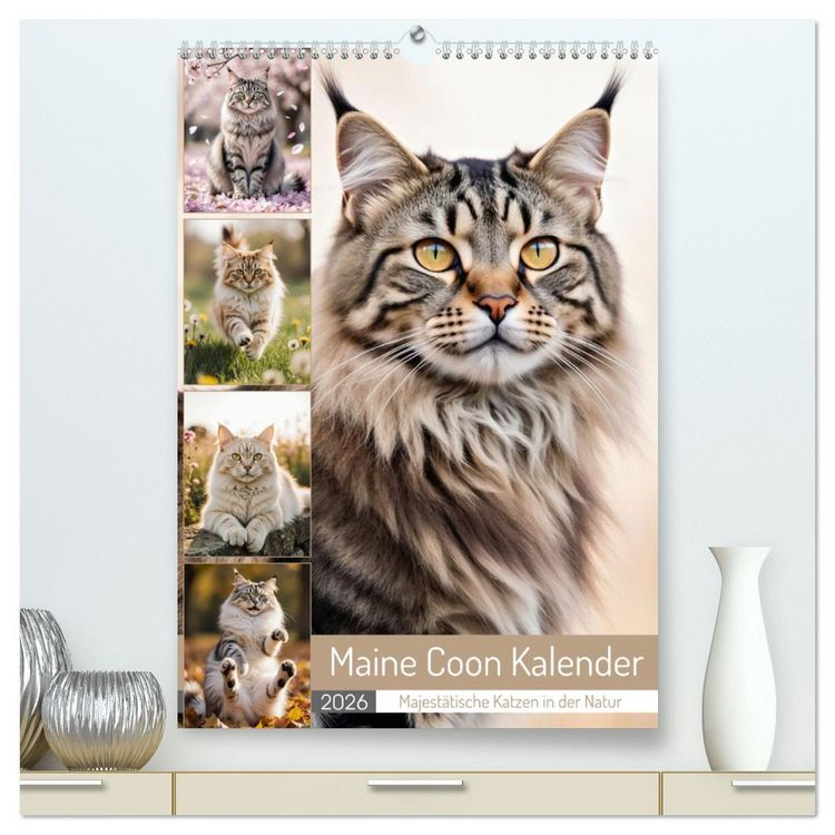 Produktbild: Maine Coon Kalender - Majest&auml;tische Katzen in der Natur (hochwertiger Premium Wandkalender 2026 DIN A2 hoch), Kunstdruck in Hochglanz