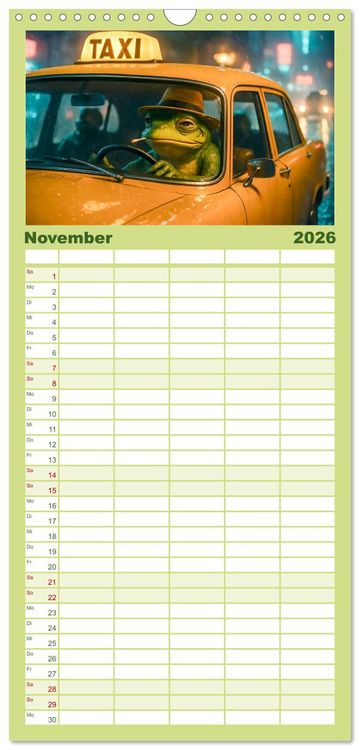 Produktbild: Familienplaner 2026 - Frosch bei der Arbeit- Dienst nach Vorschrift mit 5 Spalten (Wandkalender, 21 x 45 cm) CALVENDO