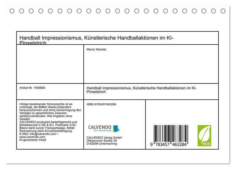 Produktbild: Handball Impressionismus, K&uuml;nstlerische Handballaktionen im KI-Pinselstrich (Tischkalender 2026 DIN A5 quer), CALVENDO Monatskalender