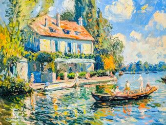 Produktbild: CALVENDO Puzzle Impressionistische Villa mit Boot auf dem See | 1000 Teile Lege-Gr&ouml;&szlig;e 64x48cm Foto-Puzzle f&uuml;r gl&uuml;ckliche Stunden