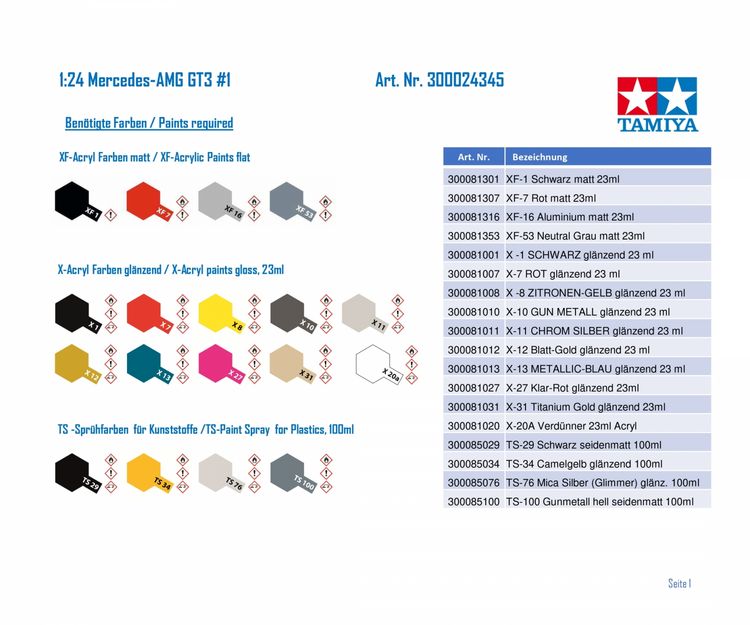 Produktbild: Tamiya 300024345 Mercedes-AMG GT3 #1 Automodell Bausatz 1:24