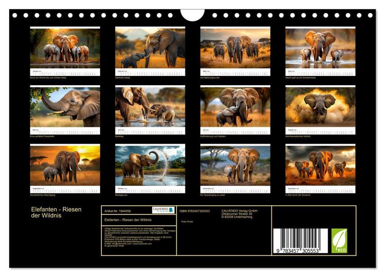 Produktbild: Elefanten - Riesen der Wildnis (Wandkalender 2026 DIN A4 quer), CALVENDO Monatskalender