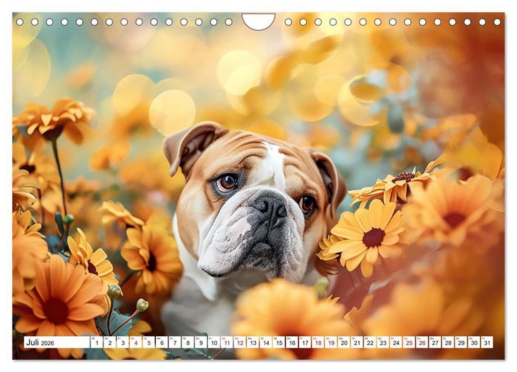 Produktbild: Englische Bulldoggen im Bl&uuml;tenmeer (Wandkalender 2026 DIN A4 quer), CALVENDO Monatskalender