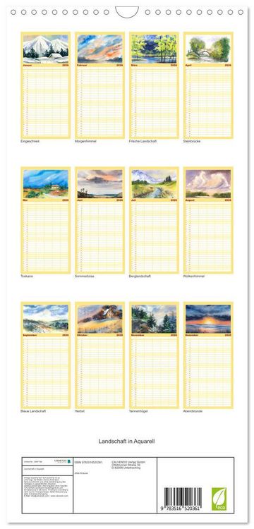 Produktbild: Familienplaner 2026 - Landschaft in Aquarell mit 5 Spalten (Wandkalender, 21 x 45 cm) CALVENDO