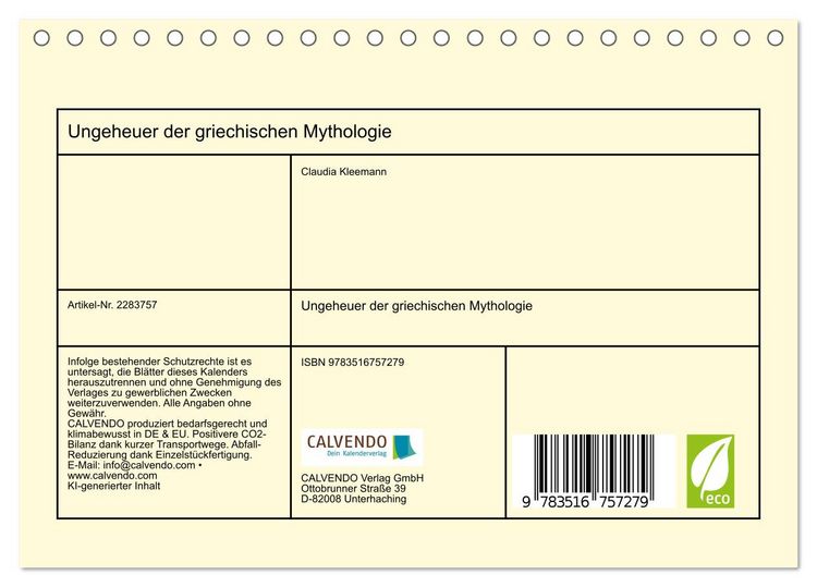 Produktbild: Ungeheuer der griechischen Mythologie (Tischkalender 2027 DIN A5 quer), CALVENDO Monatskalender