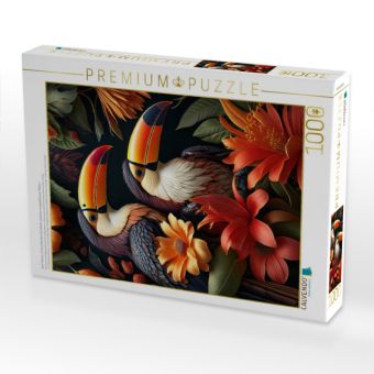 Produktbild: CALVENDO Puzzle Zwei Tukane mit leuchtenden Schn&auml;beln zwischen orangefarbenen Bl&uuml;ten | 1000 Teile Lege-Gr&ouml;&szlig;e 64x48cm Foto-Puzzle f&uuml;r gl&uuml;ckliche Stunde