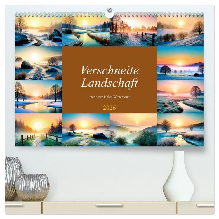 Produktbild: Verschneite Landschaft unter einer fahlen Wintersonne (hochwertiger Premium Wandkalender 2026 DIN A2 quer), Kunstdruck in Hochglanz