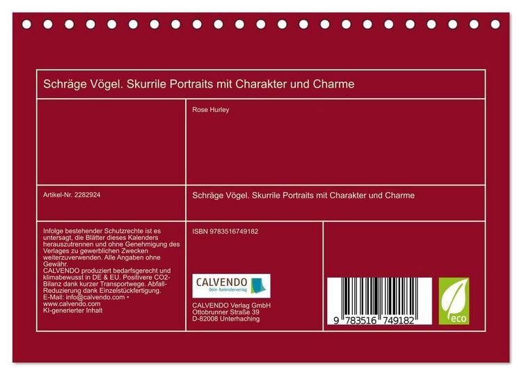 Produktbild: Schr&auml;ge V&ouml;gel. Skurrile Portraits mit Charakter und Charme (Tischkalender 2027 DIN A5 quer), CALVENDO Monatskalender