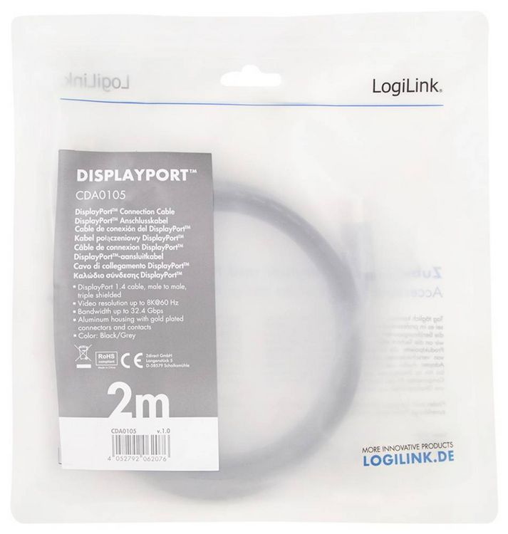 Produktbild: LogiLink DisplayPort AV Anschlusskabel [1x DisplayPort - 1x DisplayPort] 2m Schwarz/Grau