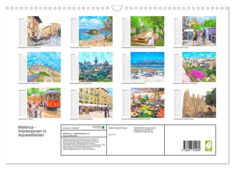 Produktbild: Mallorca - Impressionen in Aquarellfarben (Wandkalender 2026 DIN A3 quer), CALVENDO Monatskalender