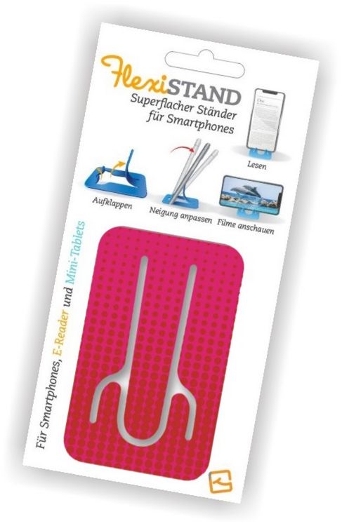 Produktbild: Flexistand (Pink Dots) - flexibler Handyaufsteller - f&uuml;r alle Handys und Mini-Tablets - superflach - stufenlos verstellbar - hochkant und quer - passt in jede Hosentasche