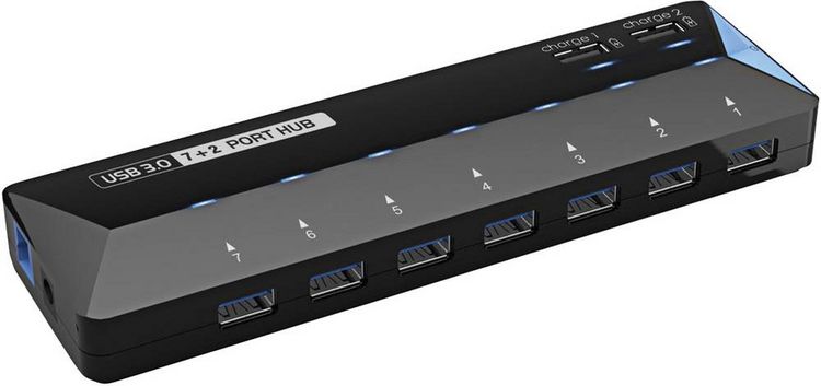 Produktbild: Renkforce RF-3806034 USB-Hub 7 Port USB-A USB 3.0 5 GBit/s mit Schnellladeport, mit Status-LEDs Schwarz