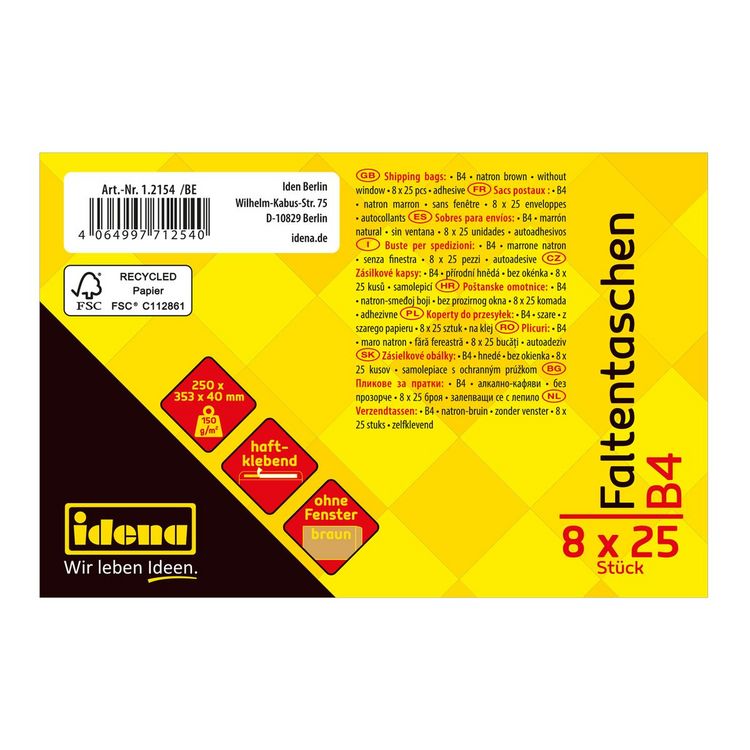 Produktbild: Idena Faltentasche 150g/m&sup2; haftklebend ohne Fenster braun DIN B4 25 St&uuml;ck 4cm Boden