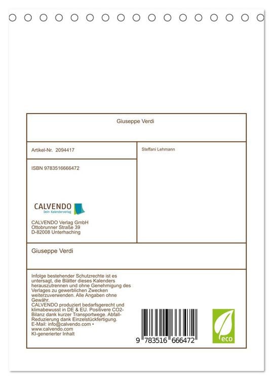 Produktbild: Giuseppe Verdi (Tischkalender 2026 DIN A5 hoch), CALVENDO Monatskalender