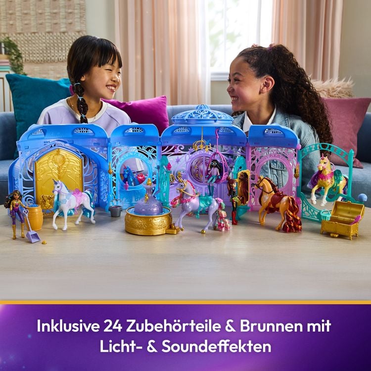 Produktbild: Unicorn Academy - Stall Spielset 90 cm inkl. Brunnen mit Licht- und Soundeffekten, 12 cm Einhorn & 24 Accessoires, Set zur Netflix Serie