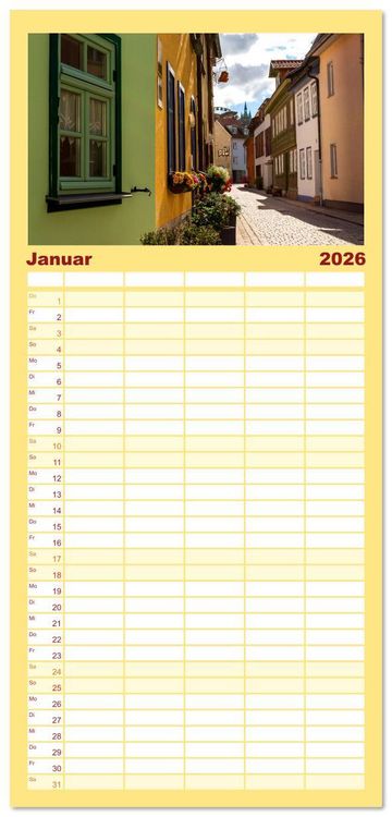 Produktbild: Familienplaner 2026 - Romantisches Erfurt - Reise durch das sch&ouml;ne Th&uuml;ringen mit 5 Spalten (Wandkalender, 21 x 45 cm) CALVENDO