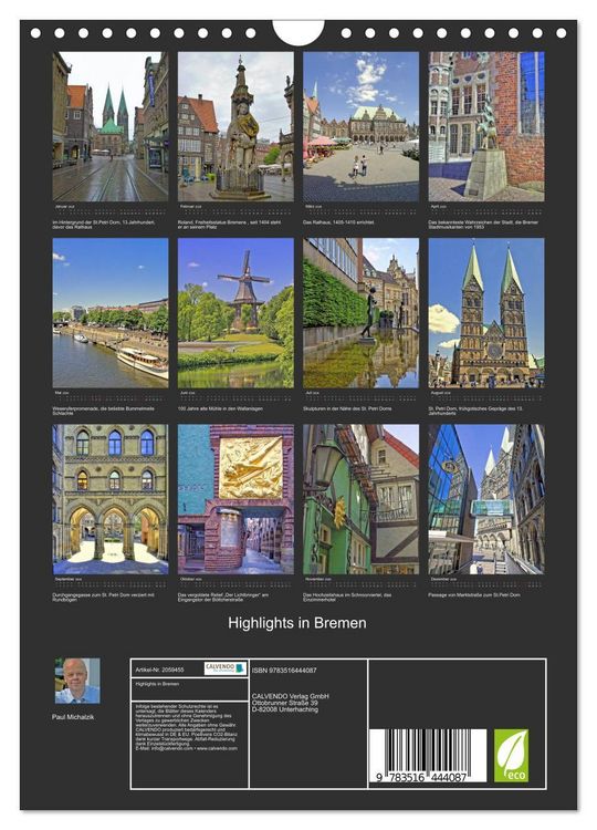 Produktbild: Highlights in Bremen (Wandkalender 2026 DIN A4 hoch), CALVENDO Monatskalender