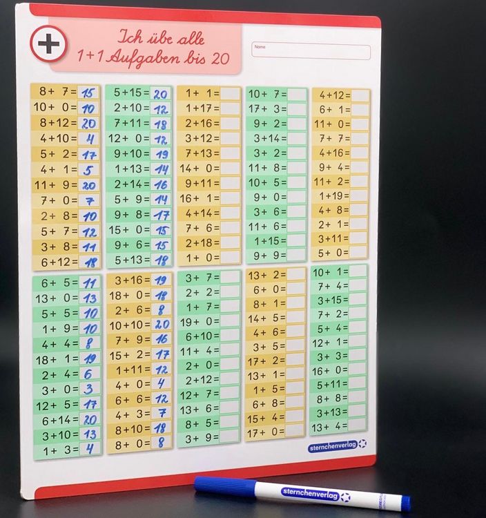 Ich übe alle Additionsaufgaben im Zahlenraum bis 20 mit Stift