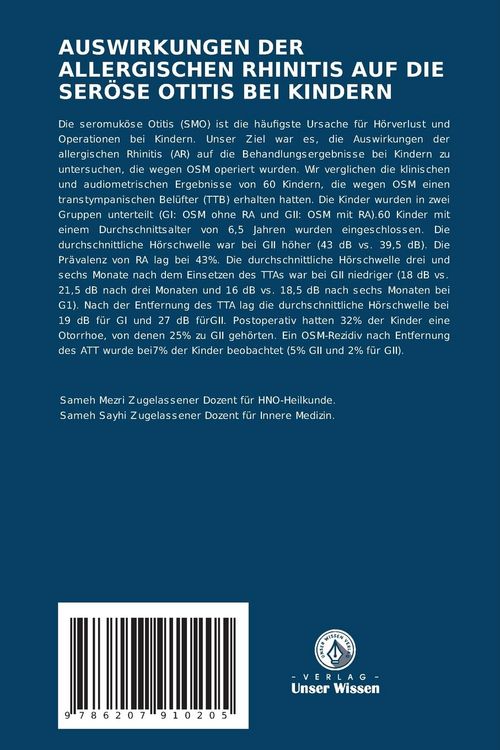 Produktbild: Auswirkungen der Allergischen Rhinitis Auf die Ser&ouml;se Otitis bei Kindern