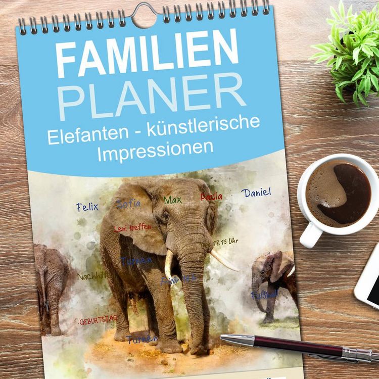 Produktbild: Familienplaner 2026 - Elefanten - k&uuml;nstlerische Impressionen der gr&ouml;&szlig;ten noch lebenden Landtiere mit 5 Spalten (Wandkalender, 21 x 45 cm) CALVENDO