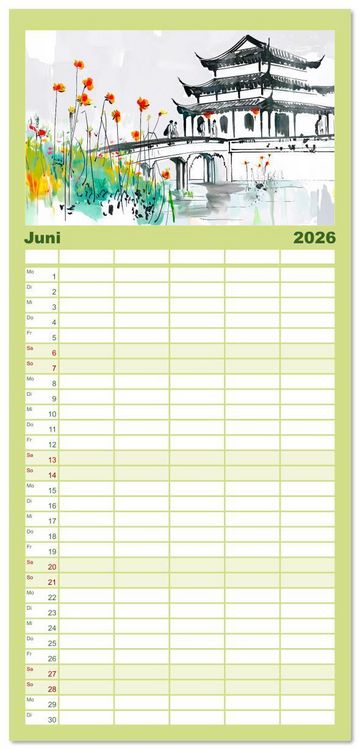 Produktbild: Familienplaner 2026 - Fernost Impressionen - Tempel und Landschaften in KI-Tuschekunst mit 5 Spalten (Wandkalender, 21 x 45 cm) CALVENDO