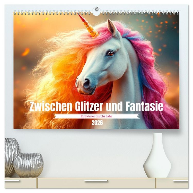 Produktbild: Zwischen Glitzer und Fantasie-Einh&ouml;rner durchs Jahr (hochwertiger Premium Wandkalender 2026 DIN A2 quer), Kunstdruck in Hochglanz