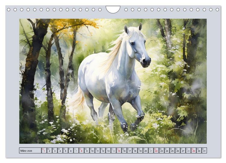Produktbild: Anmutige Schimmel. &Auml;sthetik wei&szlig;er Aquarell-Pferde (Wandkalender 2026 DIN A4 quer), CALVENDO Monatskalender