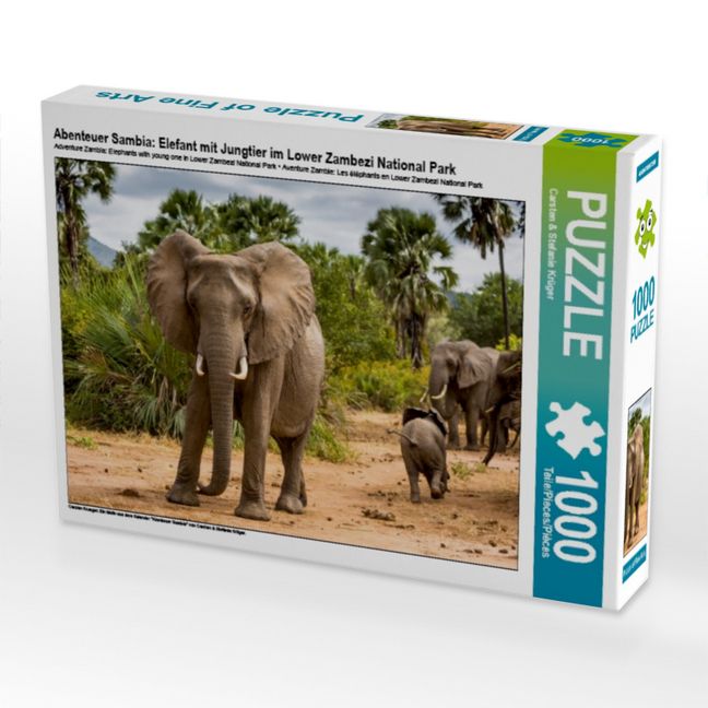 Produktbild: CALVENDO Puzzle Abenteuer Sambia: Elefant mit Jungtier im Lower Zambezi National Park | 1000 Teile Lege-Gr&ouml;&szlig;e 64x48cm Foto-Puzzle f&uuml;r gl&uuml;ckliche Stunden