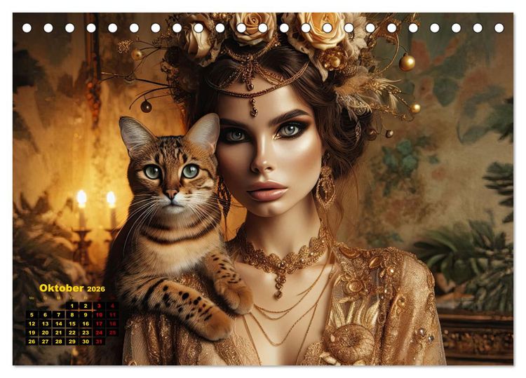 Produktbild: Luxuri&ouml;ser Bohemian Flair - Elegante Frauen mit anmutigen Katzen (Tischkalender 2026 DIN A5 quer), CALVENDO Monatskalender