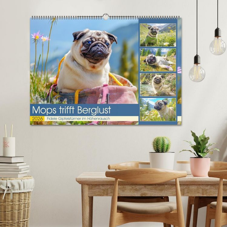 Produktbild: Mops trifft Berglust. Fidele Gipfelst&uuml;rmer im H&ouml;henrausch (Wandkalender 2026 DIN A2 quer), CALVENDO Monatskalender