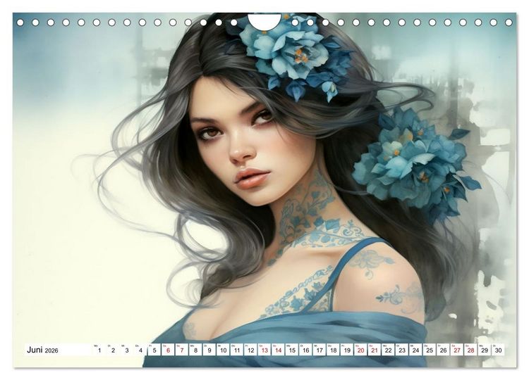 Produktbild: Tattoo trifft Kunst - Starke Tattoos treffen auf sanftes Aquarell (Wandkalender 2026 DIN A4 quer), CALVENDO Monatskalender