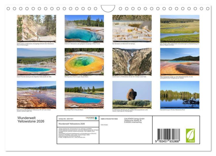 Produktbild: Wunderwelt Yellowstone 2026 (Wandkalender 2026 DIN A4 quer), CALVENDO Monatskalender