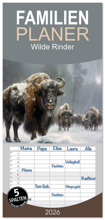 Produktbild: Familienplaner 2026 - Wilde Rinder mit 5 Spalten (Wandkalender, 21 x 45 cm) CALVENDO