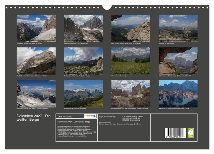 Produktbild: Dolomiten 2027 - Die wei&szlig;en Berge (Wandkalender 2027 DIN A3 quer), CALVENDO Monatskalender