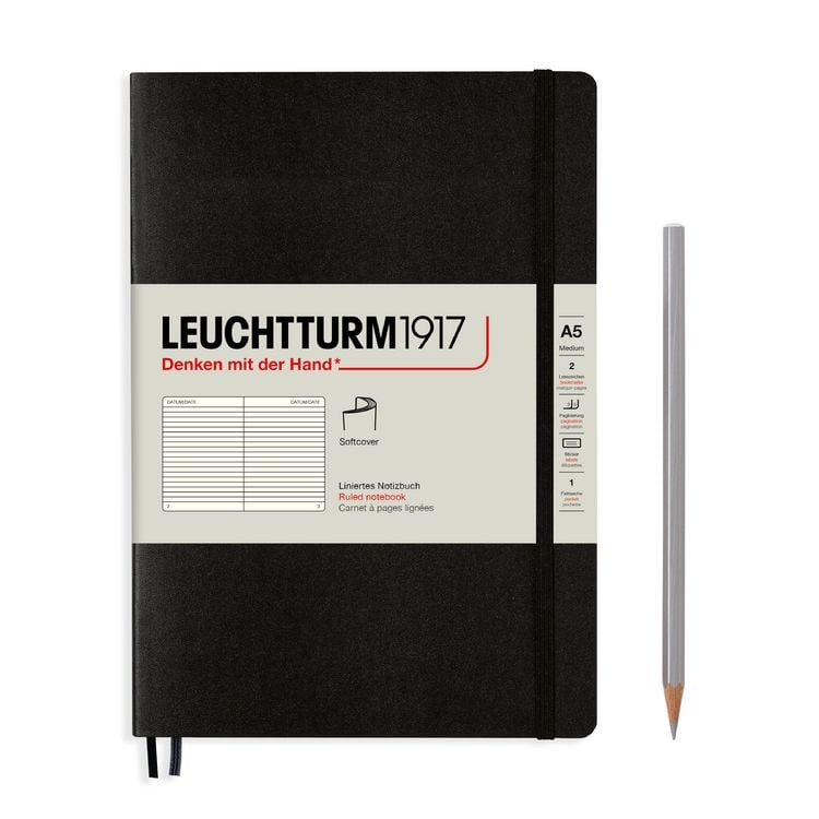 Produktbild: LEUCHTTURM1917 Notizbuch Medium (A5), Softcover, 123 nummerierte Seiten, Schwarz, Liniert