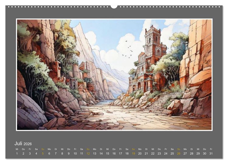 Produktbild: L&auml;ndliche Szenen in kolorierten Federzeichnungen (hochwertiger Premium Wandkalender 2026 DIN A2 quer), Kunstdruck in Hochglanz