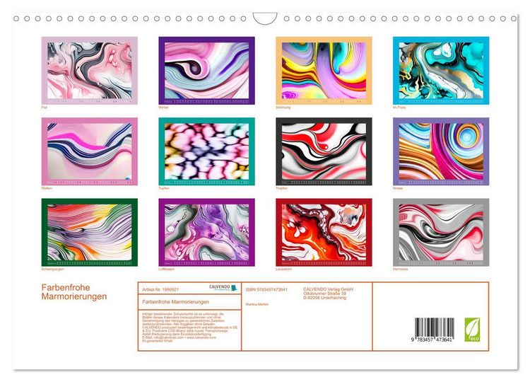 Produktbild: Farbenfrohe Marmorierungen (Wandkalender 2026 DIN A3 quer), CALVENDO Monatskalender