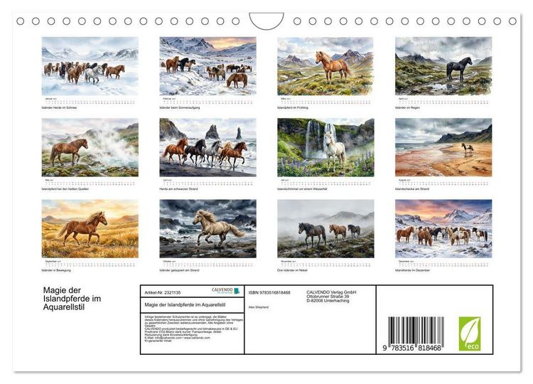 Produktbild: Magie der Islandpferde im Aquarellstil (Wandkalender 2027 DIN A4 quer), CALVENDO Monatskalender