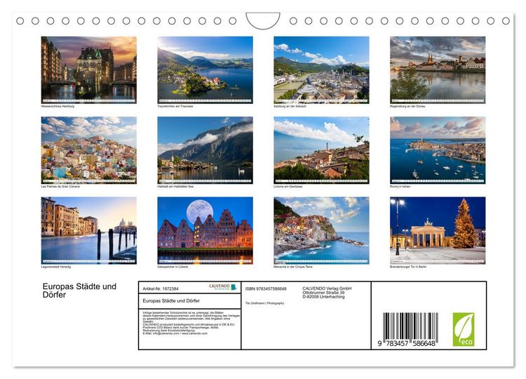 Produktbild: Europas St&auml;dte und D&ouml;rfer (Wandkalender 2026 DIN A4 quer), CALVENDO Monatskalender