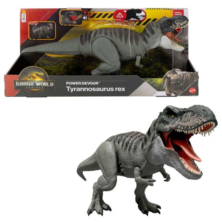 Produktbild: Jurassic World Rebirth Power Devour Tyrannosaurus Rex-Dinosaurierfigur, Dauer-Beiß-Attacke, Lichter und Geräusche
