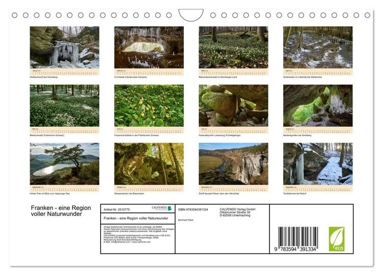 Produktbild: Franken - eine Region voller Naturwunder (Wandkalender 2027 DIN A4 quer), CALVENDO Monatskalender