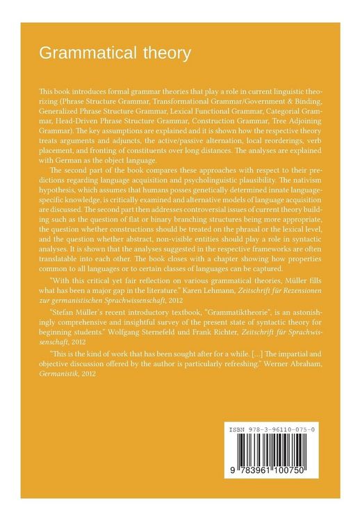 Produktbild: Grammatical theory: From transformational grammar to constraint-based approaches. Second revised and extended edition. Vol. I.