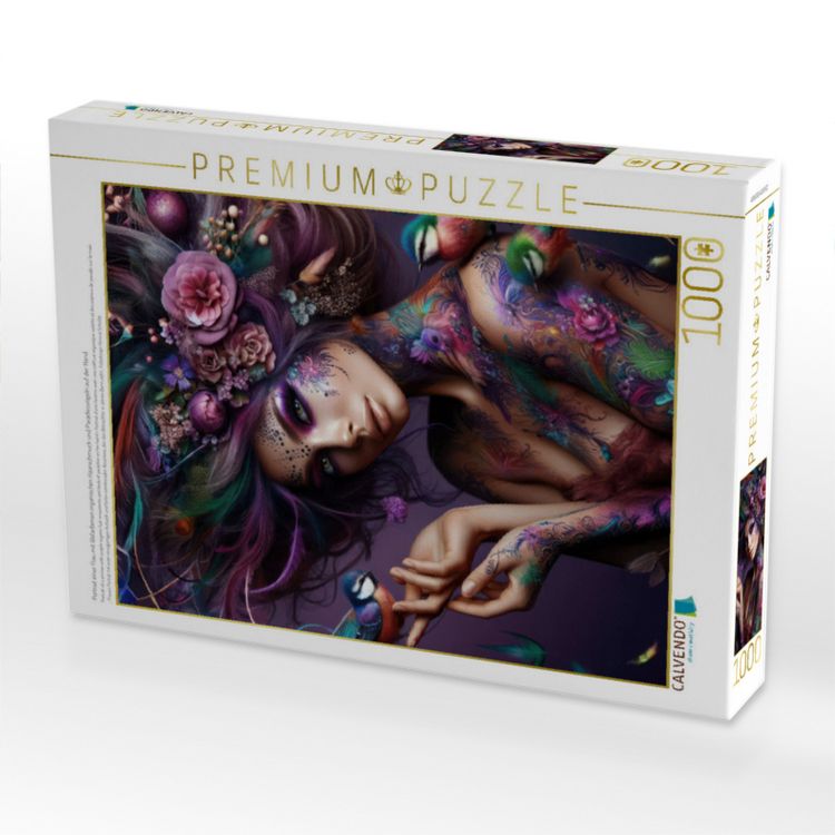 Produktbild: CALVENDO Puzzle Portrait einer Frau mit lilafarbenen organischen Haarschmuck und Paradiesv&ouml;geln auf der Hand | 1000 Teile Lege-Gr&ouml;&szlig;e 64x48cm Foto-Puzz