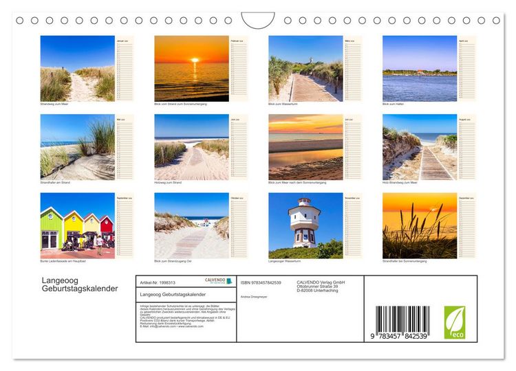 Produktbild: Langeoog Geburtstagskalender (Wandkalender 2026 DIN A4 quer), CALVENDO Monatskalender