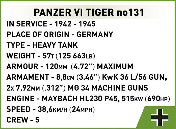 Produktbild: COBI Historical Collection 2588 - Panzer VI Tiger no131, WWII, Bausatz 1:28, 1275 Klemmbausteine