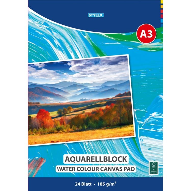 Produktbild: STYLEX Aquarellblock kopfgeleimt 185g/m&sup2; DIN A3 24 Blatt