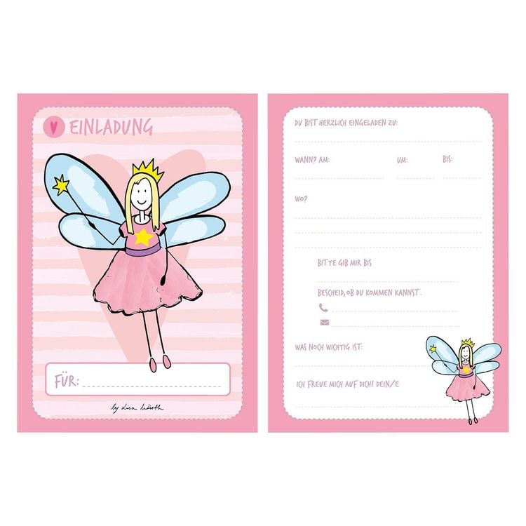 Produktbild: 12 Einladungskarten Geburtstag M&auml;dchen (Feen). Handgemachte Einladungskarten Kindergeburtstag incl. 12 liebevollen Hand designten Briefumschl&auml;gen. Verpackt in einer wundervollen hochwertigen Karton Box. By Lisa Wirth