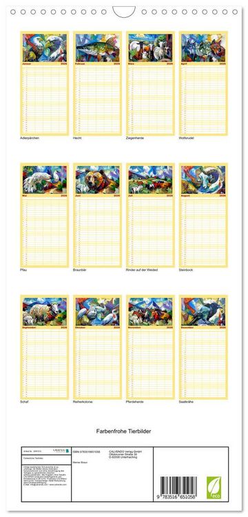 Produktbild: Familienplaner 2026 - Farbenfrohe Tierbilder mit 5 Spalten (Wandkalender, 21 x 45 cm) CALVENDO